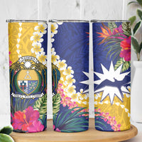 Nauru Independence Day Skinny Tumbler Coat Of Arms With Tropical Flowers LT14 - Polynesian Pride