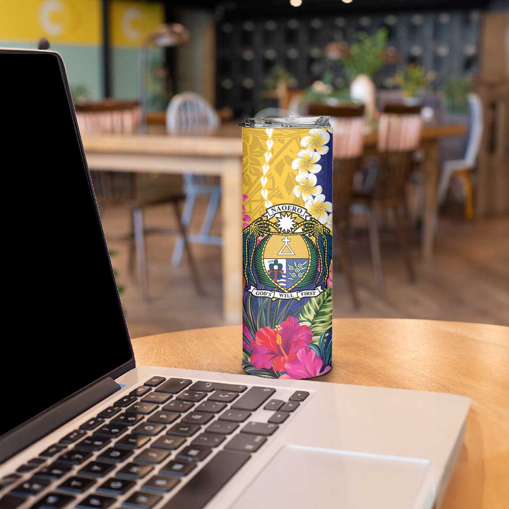 Nauru Independence Day Skinny Tumbler Coat Of Arms With Tropical Flowers LT14 - Polynesian Pride