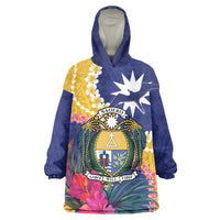 Nauru Independence Day Wearable Blanket Hoodie Coat Of Arms With Tropical Flowers LT14 One Size Blue - Polynesian Pride