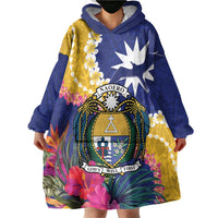 Nauru Independence Day Wearable Blanket Hoodie Coat Of Arms With Tropical Flowers LT14 - Polynesian Pride