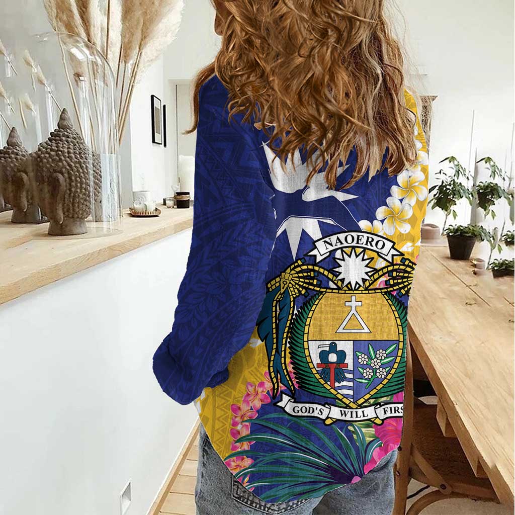 Nauru Independence Day Women Casual Shirt Coat Of Arms With Tropical Flowers LT14 - Polynesian Pride