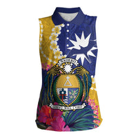 Nauru Independence Day Women Sleeveless Polo Shirt Coat Of Arms With Tropical Flowers LT14 Female Blue - Polynesian Pride