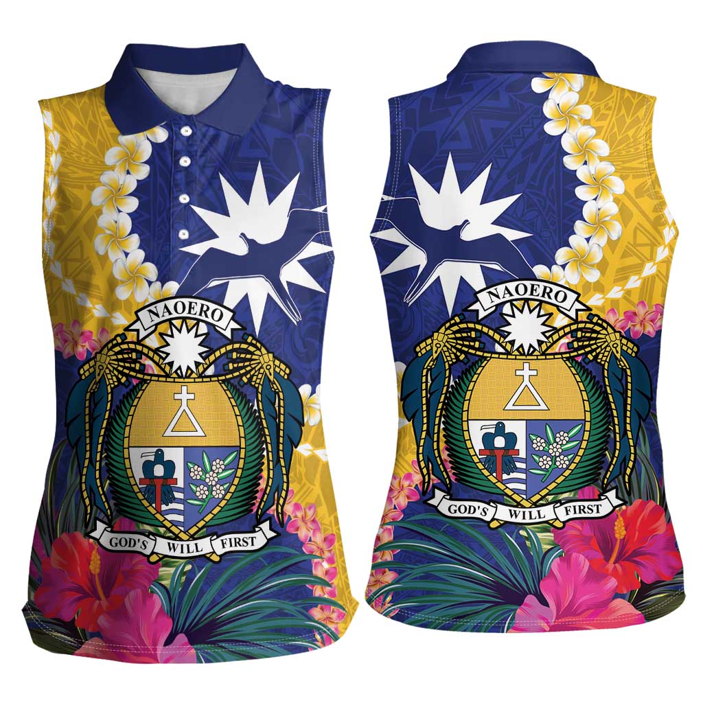 Nauru Independence Day Women Sleeveless Polo Shirt Coat Of Arms With Tropical Flowers LT14 - Polynesian Pride