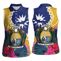 Nauru Independence Day Women Sleeveless Polo Shirt Coat Of Arms With Tropical Flowers LT14 - Polynesian Pride