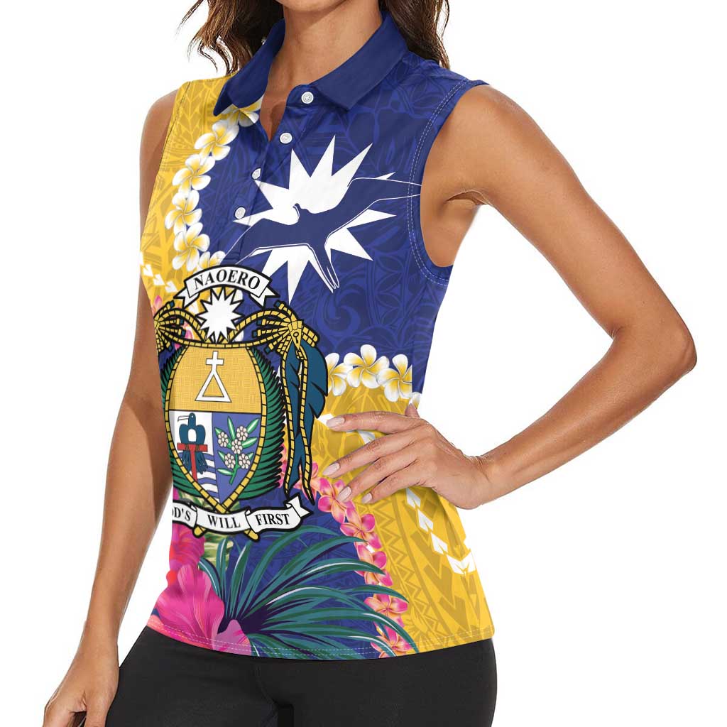 Nauru Independence Day Women Sleeveless Polo Shirt Coat Of Arms With Tropical Flowers LT14 - Polynesian Pride