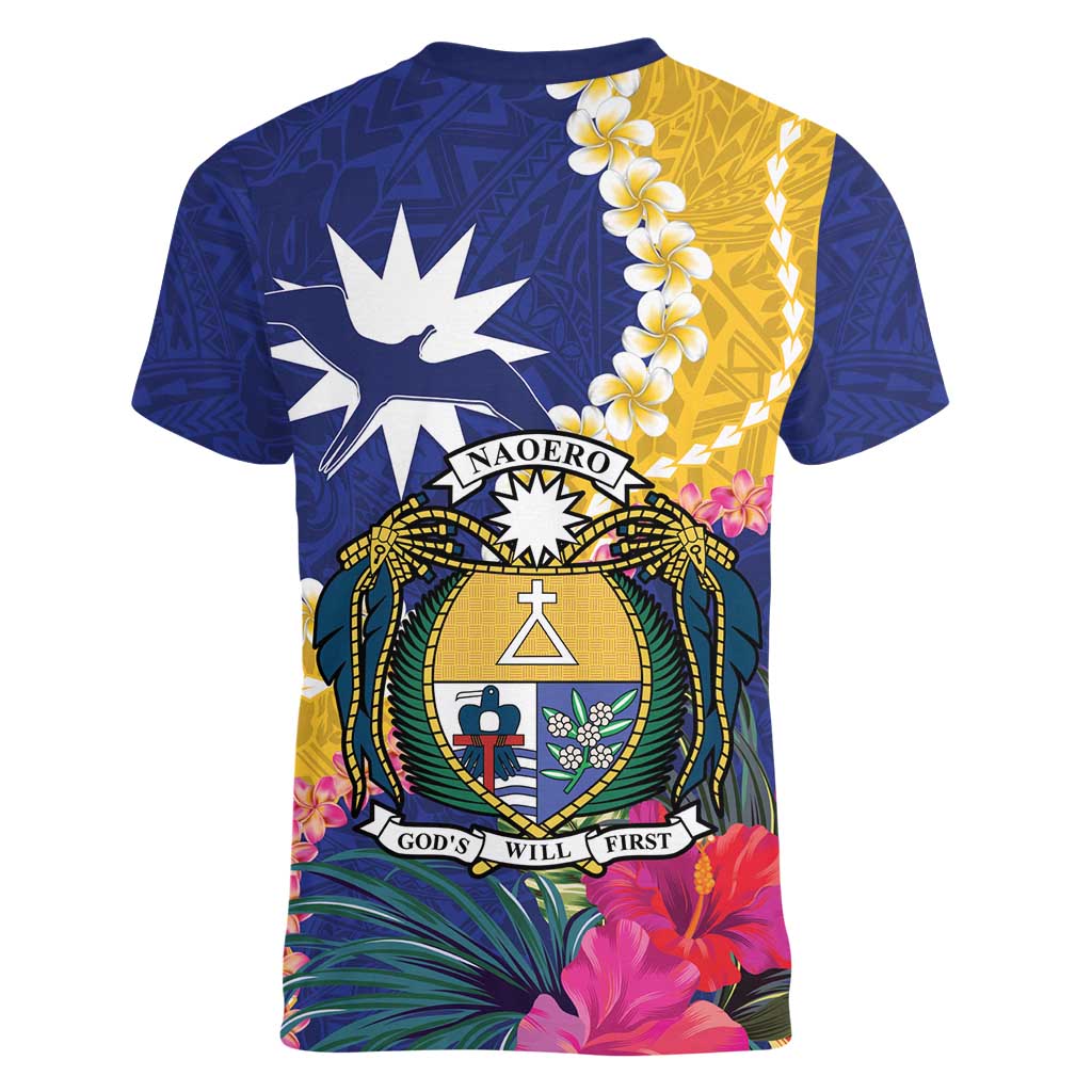 Nauru Independence Day Women V-Neck T-Shirt Coat Of Arms With Tropical Flowers LT14 - Polynesian Pride