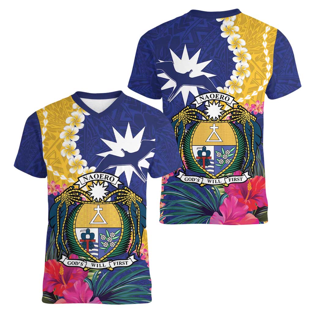 Nauru Independence Day Women V-Neck T-Shirt Coat Of Arms With Tropical Flowers LT14 - Polynesian Pride