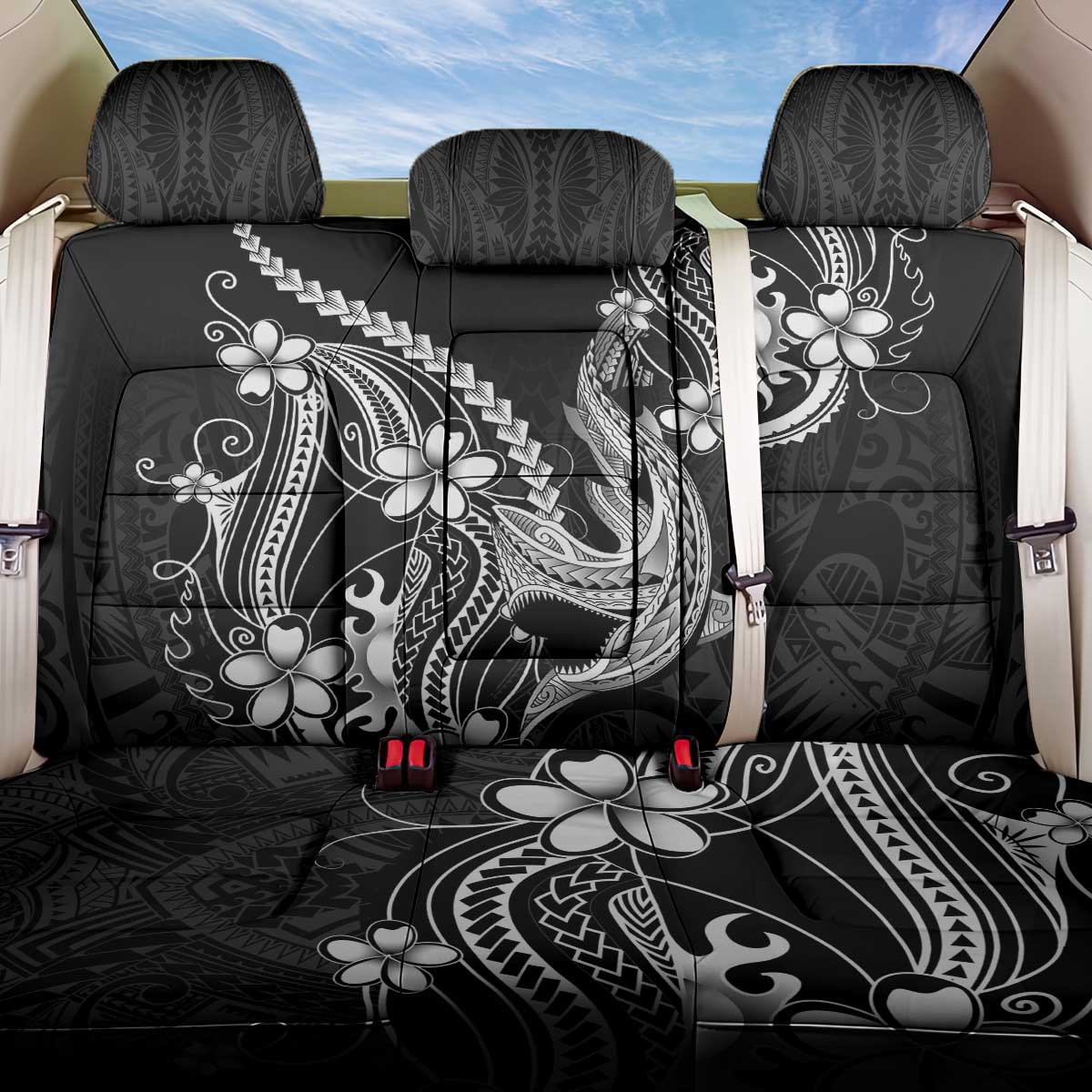 Black Aloha Hawaii Back Car Seat Cover Polynesian Shark Tattoo With Plumeria LT14 One Size Black - Polynesian Pride