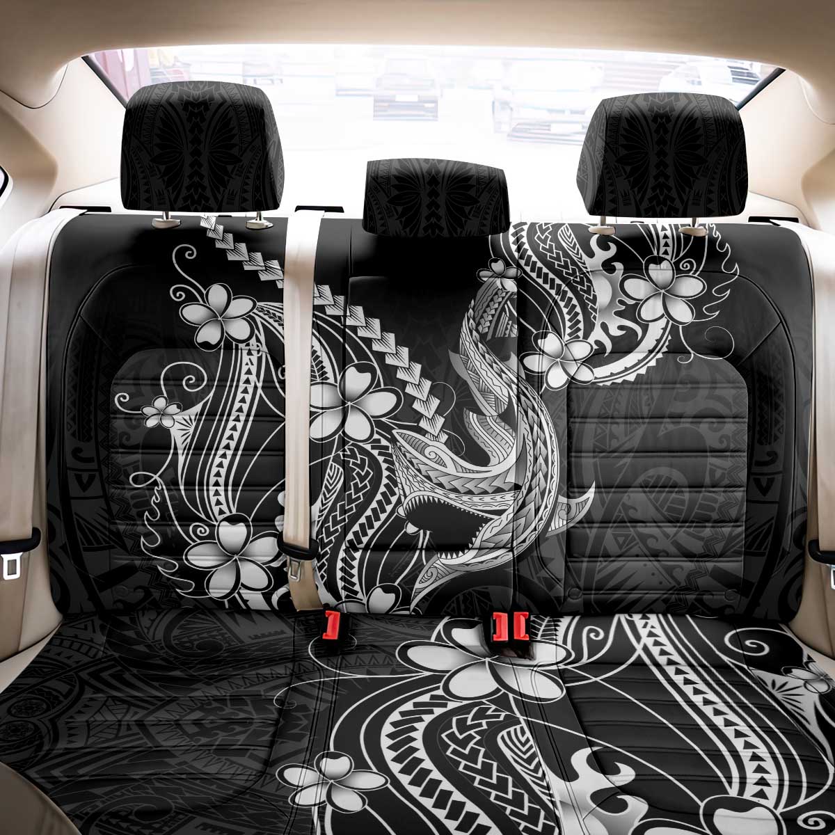 Black Aloha Hawaii Back Car Seat Cover Polynesian Shark Tattoo With Plumeria LT14 - Polynesian Pride