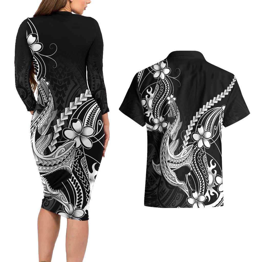 Black Aloha Hawaii Couples Matching Long Sleeve Bodycon Dress and Hawaiian Shirt Polynesian Shark Tattoo With Plumeria LT14 - Polynesian Pride