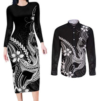 Black Aloha Hawaii Couples Matching Long Sleeve Bodycon Dress and Long Sleeve Button Shirt Polynesian Shark Tattoo With Plumeria LT14 Black - Polynesian Pride
