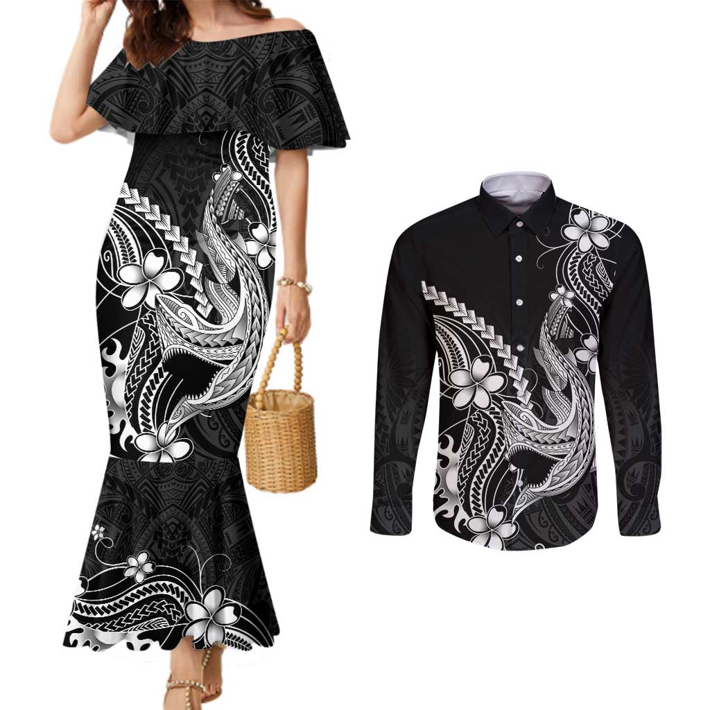 Black Aloha Hawaii Couples Matching Mermaid Dress and Long Sleeve Button Shirt Polynesian Shark Tattoo With Plumeria LT14 Black - Polynesian Pride