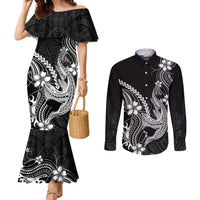 Black Aloha Hawaii Couples Matching Mermaid Dress and Long Sleeve Button Shirt Polynesian Shark Tattoo With Plumeria LT14 Black - Polynesian Pride