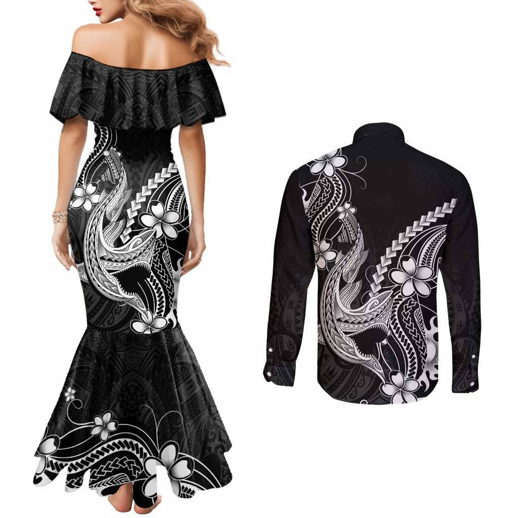 Black Aloha Hawaii Couples Matching Mermaid Dress and Long Sleeve Button Shirt Polynesian Shark Tattoo With Plumeria LT14 - Polynesian Pride