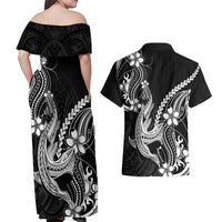 Black Aloha Hawaii Couples Matching Off Shoulder Maxi Dress and Hawaiian Shirt Polynesian Shark Tattoo With Plumeria LT14 - Polynesian Pride
