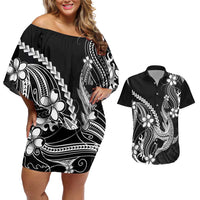 Black Aloha Hawaii Couples Matching Off Shoulder Short Dress and Hawaiian Shirt Polynesian Shark Tattoo With Plumeria LT14 Black - Polynesian Pride