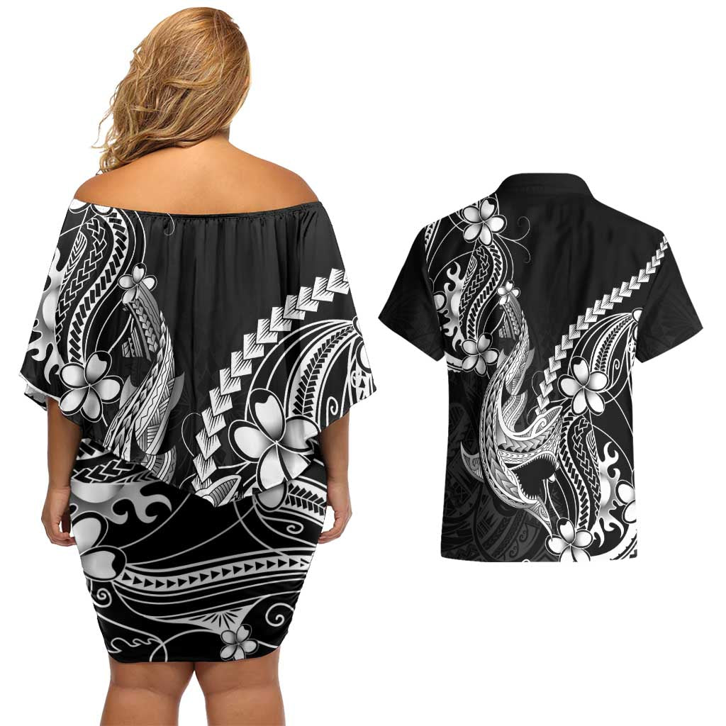 Black Aloha Hawaii Couples Matching Off Shoulder Short Dress and Hawaiian Shirt Polynesian Shark Tattoo With Plumeria LT14 - Polynesian Pride