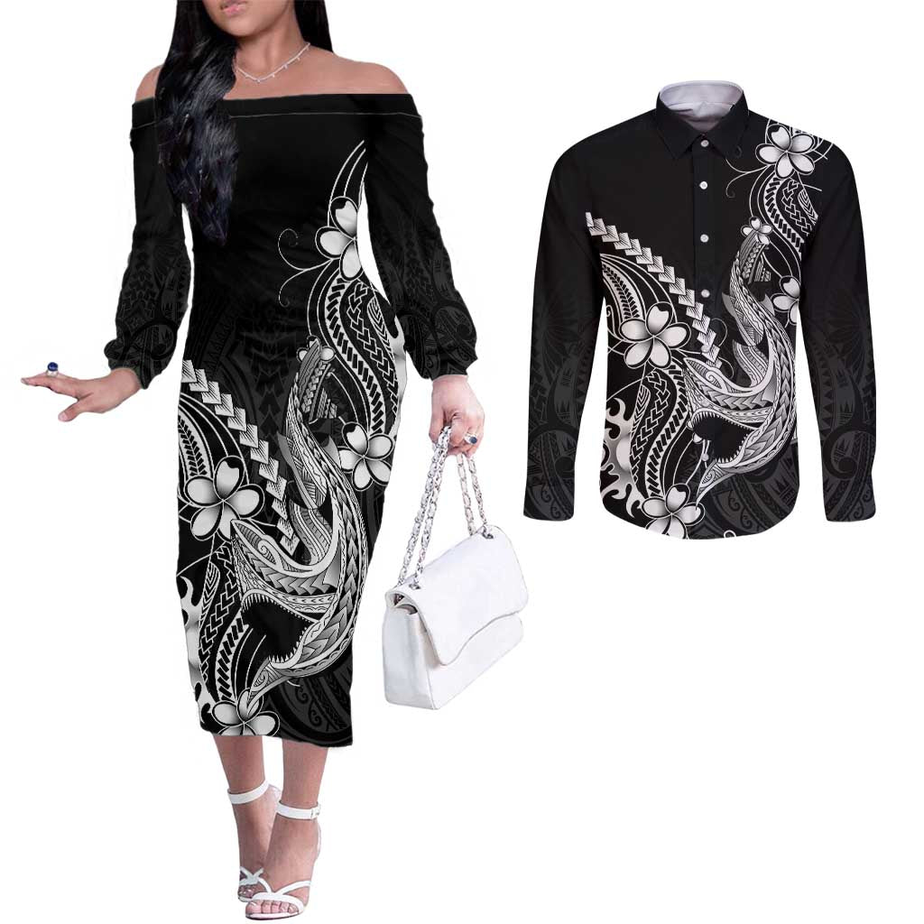 Black Aloha Hawaii Couples Matching Off The Shoulder Long Sleeve Dress and Long Sleeve Button Shirt Polynesian Shark Tattoo With Plumeria LT14 Black - Polynesian Pride