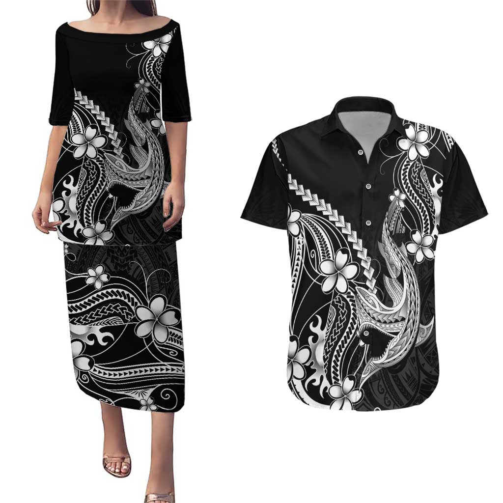 Black Aloha Hawaii Couples Matching Puletasi and Hawaiian Shirt Polynesian Shark Tattoo With Plumeria - Polynesian Pride
