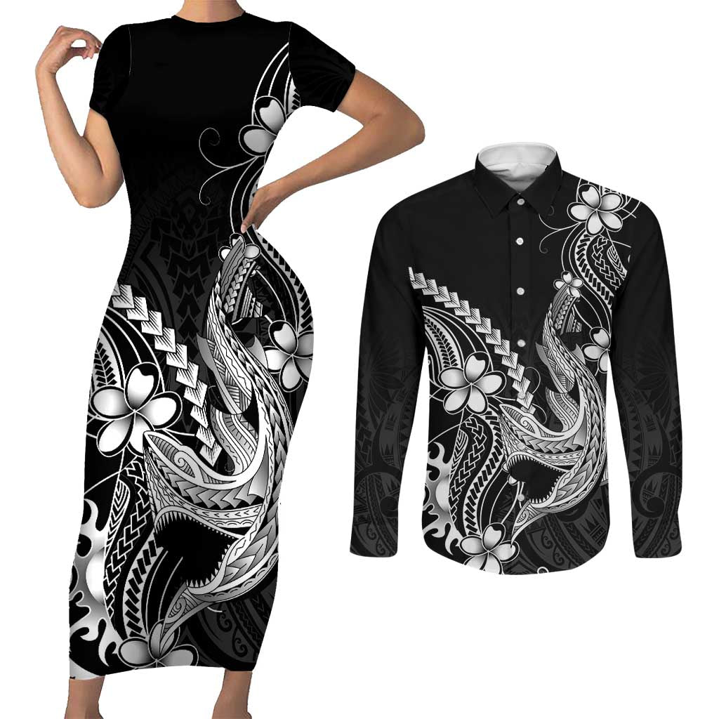 Black Aloha Hawaii Couples Matching Short Sleeve Bodycon Dress and Long Sleeve Button Shirt Polynesian Shark Tattoo With Plumeria LT14 Black - Polynesian Pride