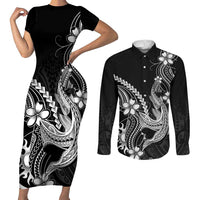 Black Aloha Hawaii Couples Matching Short Sleeve Bodycon Dress and Long Sleeve Button Shirt Polynesian Shark Tattoo With Plumeria LT14 Black - Polynesian Pride