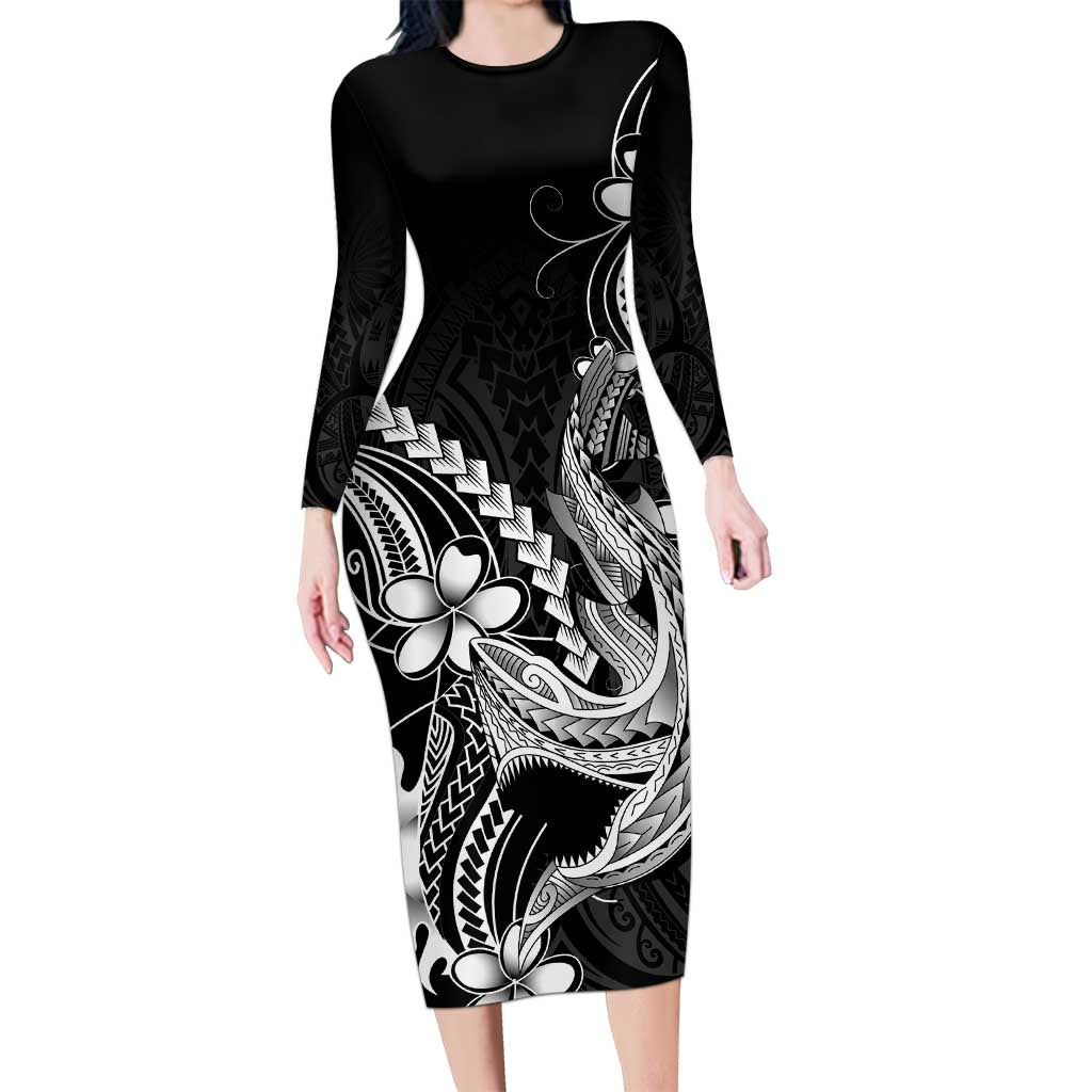 Black Aloha Hawaii Family Matching Long Sleeve Bodycon Dress and Hawaiian Shirt Polynesian Shark Tattoo With Plumeria LT14 Mom's Dress Black - Polynesian Pride