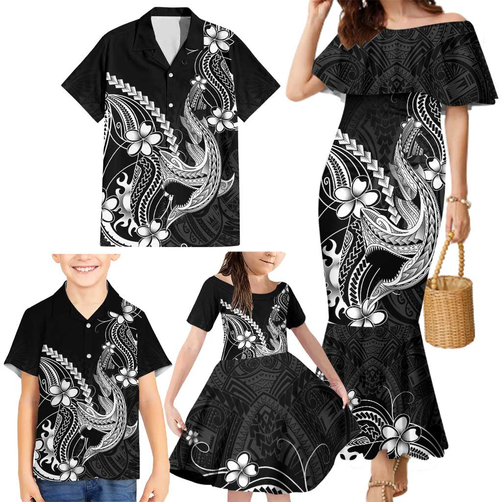 Black Aloha Hawaii Family Matching Mermaid Dress and Hawaiian Shirt Polynesian Shark Tattoo With Plumeria LT14 - Polynesian Pride
