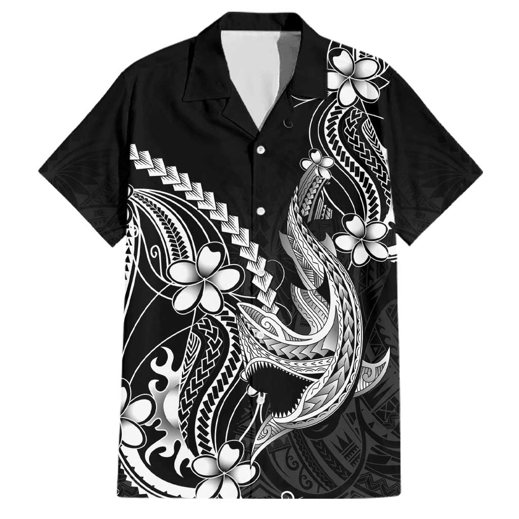 Black Aloha Hawaii Family Matching Mermaid Dress and Hawaiian Shirt Polynesian Shark Tattoo With Plumeria LT14 Dad's Shirt - Short Sleeve Black - Polynesian Pride