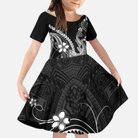 Black Aloha Hawaii Family Matching Off Shoulder Maxi Dress and Hawaiian Shirt Polynesian Shark Tattoo With Plumeria LT14 Daughter's Dress Black - Polynesian Pride