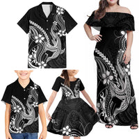 Black Aloha Hawaii Family Matching Off Shoulder Maxi Dress and Hawaiian Shirt Polynesian Shark Tattoo With Plumeria LT14 - Polynesian Pride