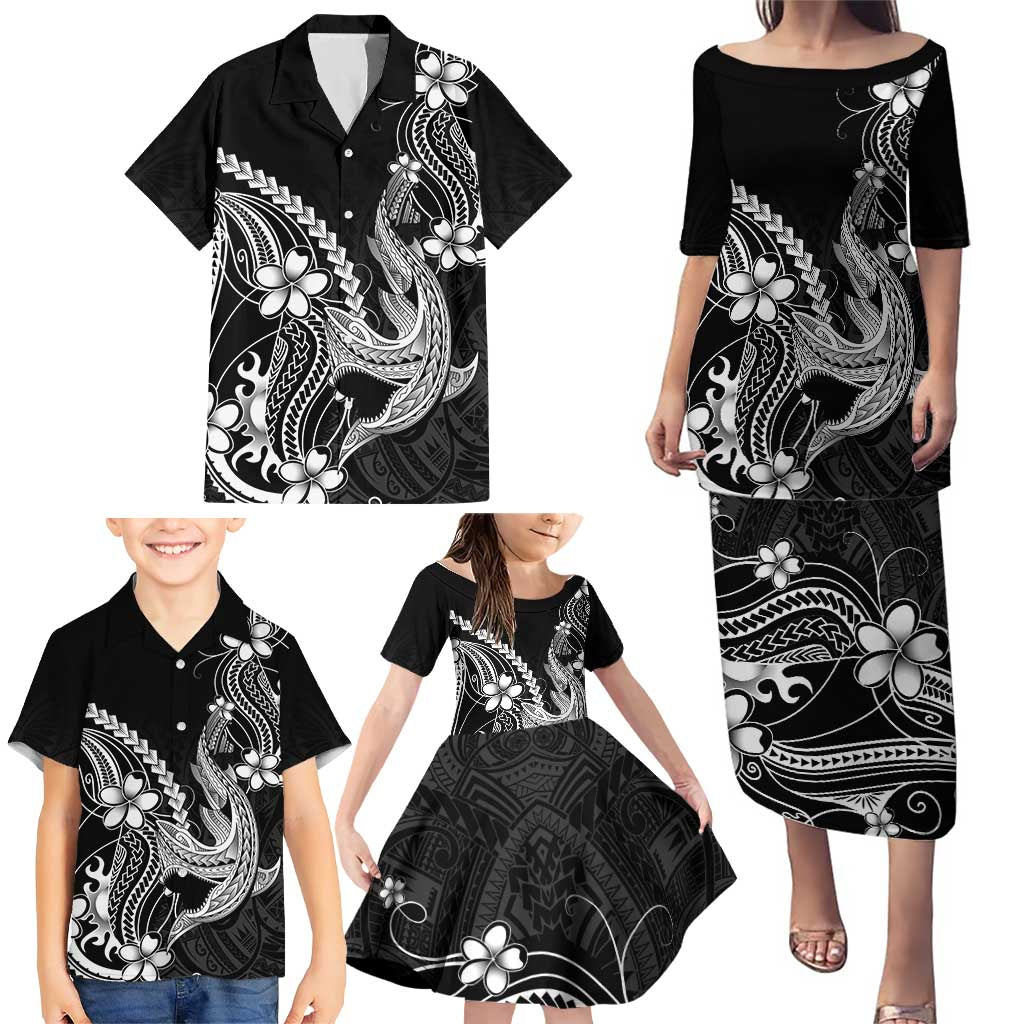Black Aloha Hawaii Family Matching Puletasi and Hawaiian Shirt Polynesian Shark Tattoo With Plumeria - Polynesian Pride