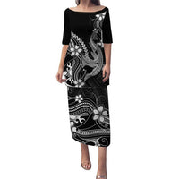 Black Aloha Hawaii Family Matching Puletasi and Hawaiian Shirt Polynesian Shark Tattoo With Plumeria LT14 Mom's Dress Black - Polynesian Pride