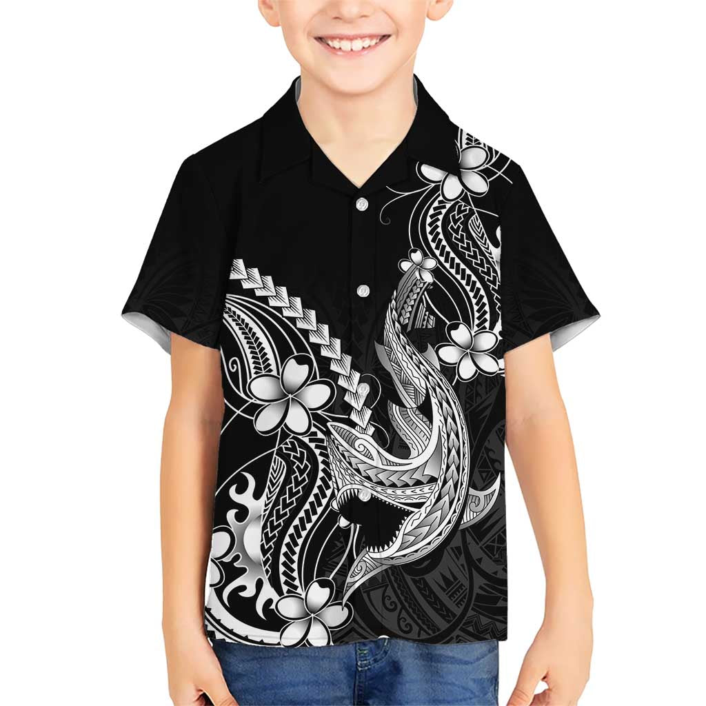 Black Aloha Hawaii Family Matching Puletasi and Hawaiian Shirt Polynesian Shark Tattoo With Plumeria LT14 Son's Shirt Black - Polynesian Pride