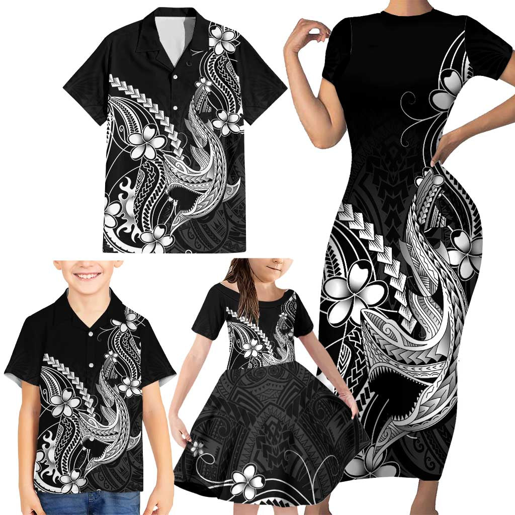 Black Aloha Hawaii Family Matching Short Sleeve Bodycon Dress and Hawaiian Shirt Polynesian Shark Tattoo With Plumeria LT14 - Polynesian Pride