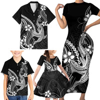 Black Aloha Hawaii Family Matching Short Sleeve Bodycon Dress and Hawaiian Shirt Polynesian Shark Tattoo With Plumeria LT14 - Polynesian Pride