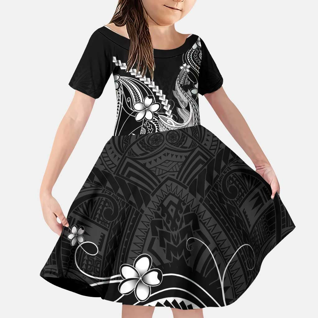 Black Aloha Hawaii Family Matching Summer Maxi Dress and Hawaiian Shirt Polynesian Shark Tattoo With Plumeria LT14 Daughter's Dress Black - Polynesian Pride