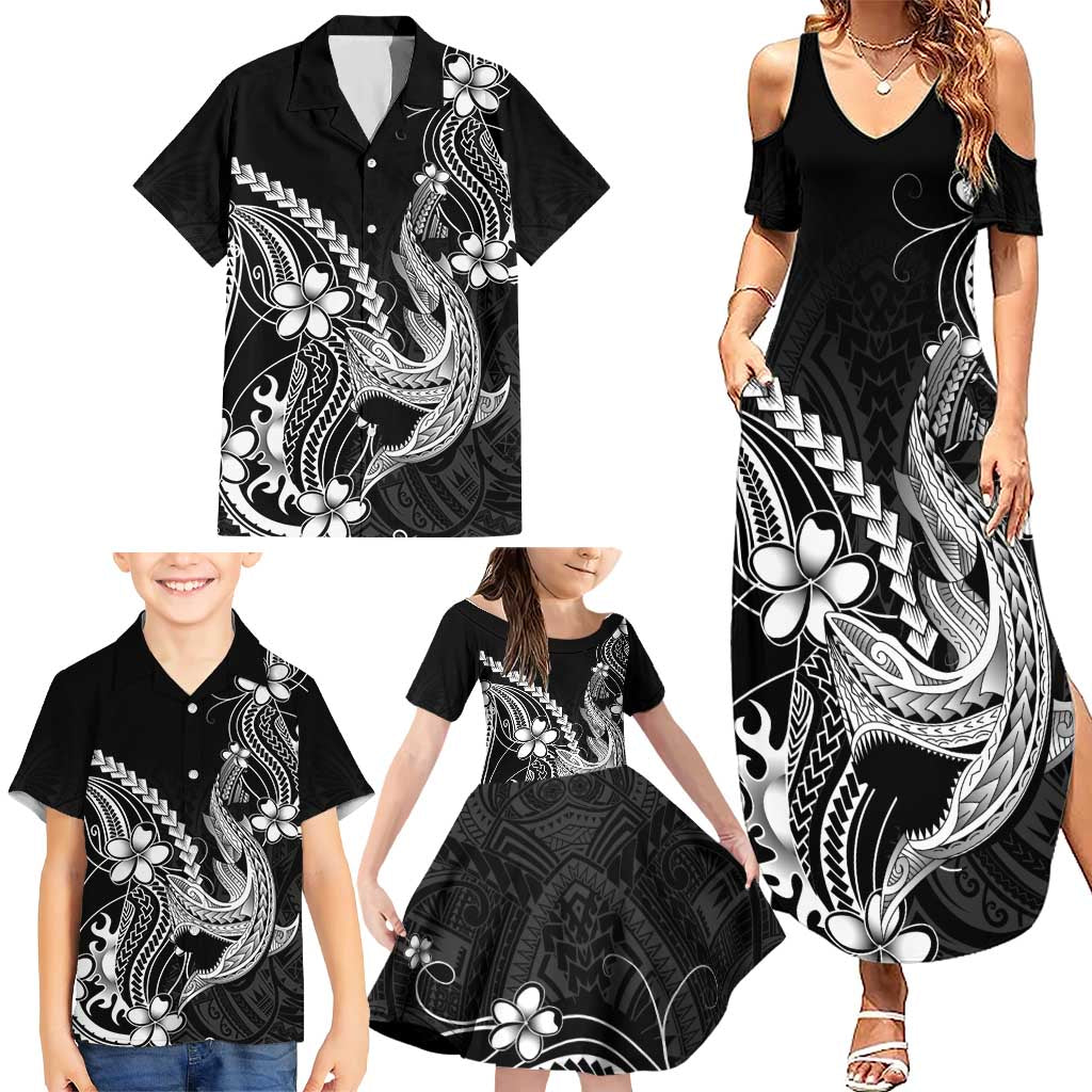 Black Aloha Hawaii Family Matching Summer Maxi Dress and Hawaiian Shirt Polynesian Shark Tattoo With Plumeria LT14 - Polynesian Pride