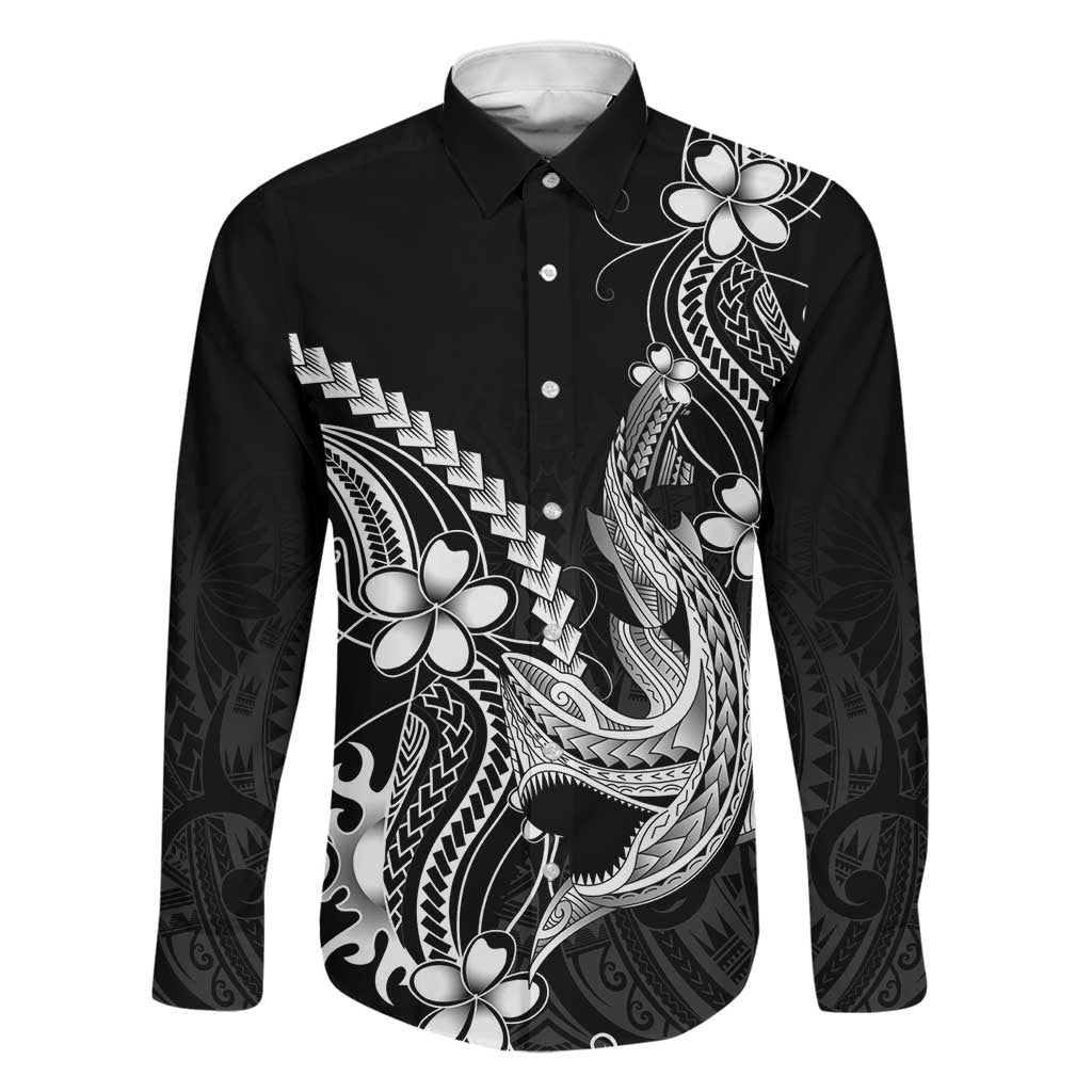 Black Aloha Hawaii Family Matching Summer Maxi Dress and Hawaiian Shirt Polynesian Shark Tattoo With Plumeria LT14 Dad's Shirt - Long Sleeve Black - Polynesian Pride