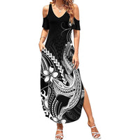 Black Aloha Hawaii Family Matching Summer Maxi Dress and Hawaiian Shirt Polynesian Shark Tattoo With Plumeria LT14 Mom's Dress Black - Polynesian Pride