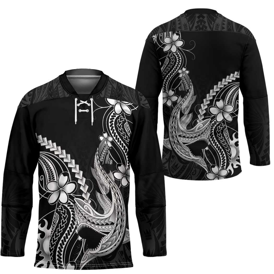 Black Aloha Hawaii Hockey Jersey Polynesian Shark Tattoo With Plumeria - Polynesian Pride