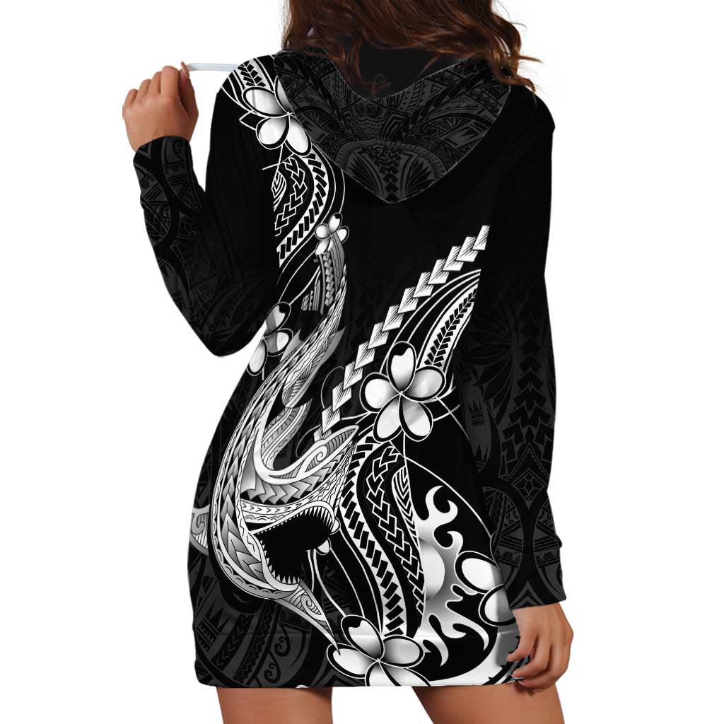 Black Aloha Hawaii Hoodie Dress - Polynesian Shark Tattoo With Plumeria LT14 - Polynesian Pride