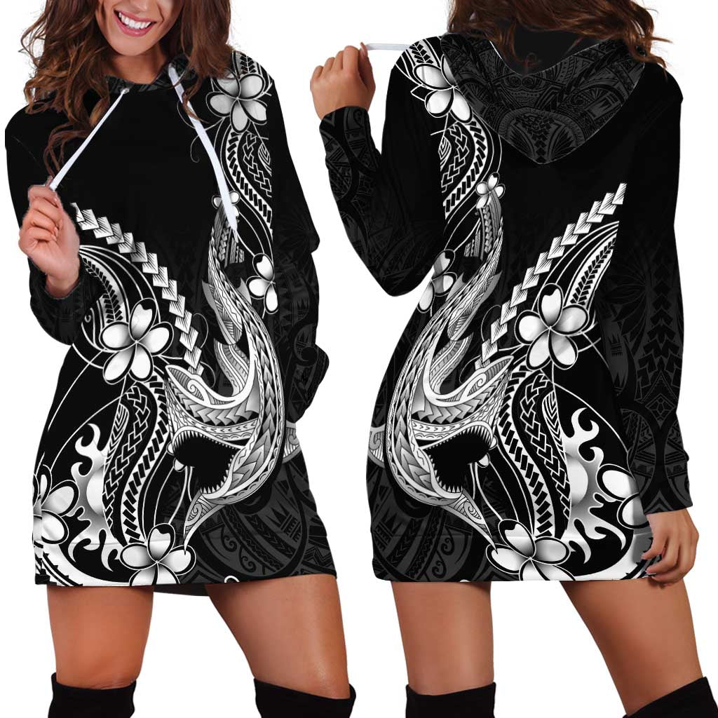 Black Aloha Hawaii Hoodie Dress - Polynesian Shark Tattoo With Plumeria LT14 - Polynesian Pride