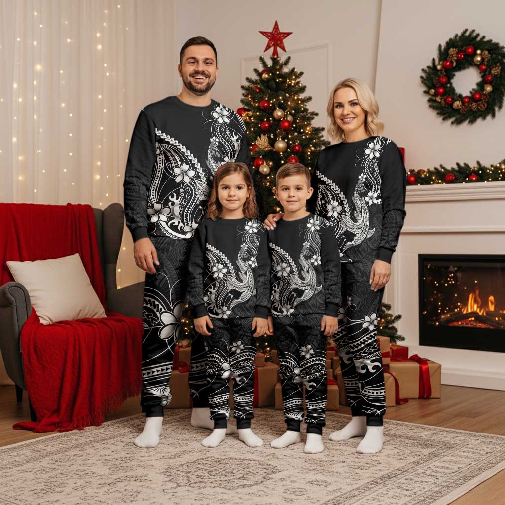 Black Aloha Hawaii Christmas Pajama Set Polynesian Shark Tattoo With Plumeria - Polynesian Pride