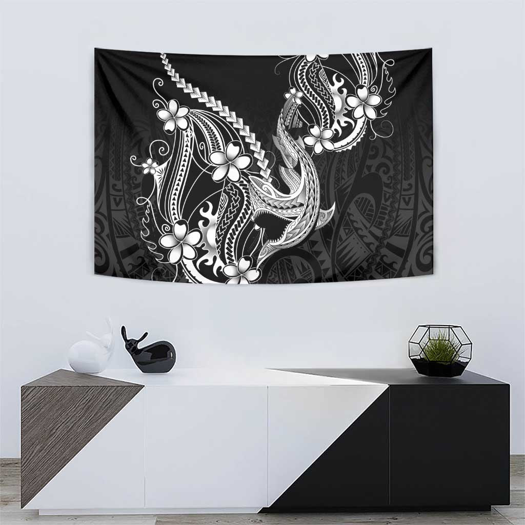 Black Aloha Hawaii Tapestry Polynesian Shark Tattoo With Plumeria - Polynesian Pride