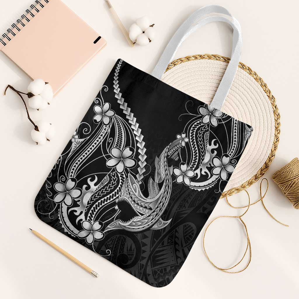 Black Aloha Hawaii Tote Bag Polynesian Shark Tattoo With Plumeria LT14 White Strap One Size Black - Polynesian Pride