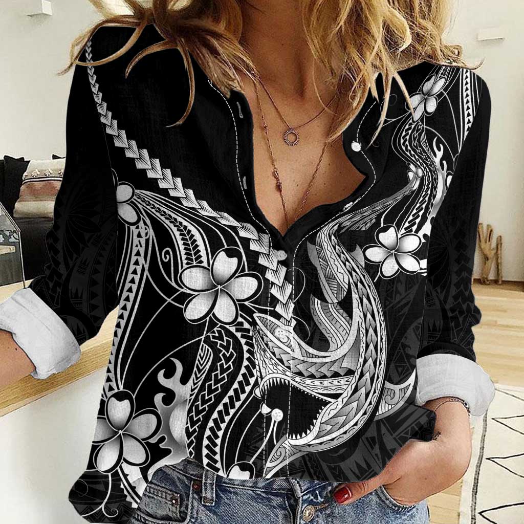 Black Aloha Hawaii Women Casual Shirt Polynesian Shark Tattoo With Plumeria LT14 Female Black - Polynesian Pride