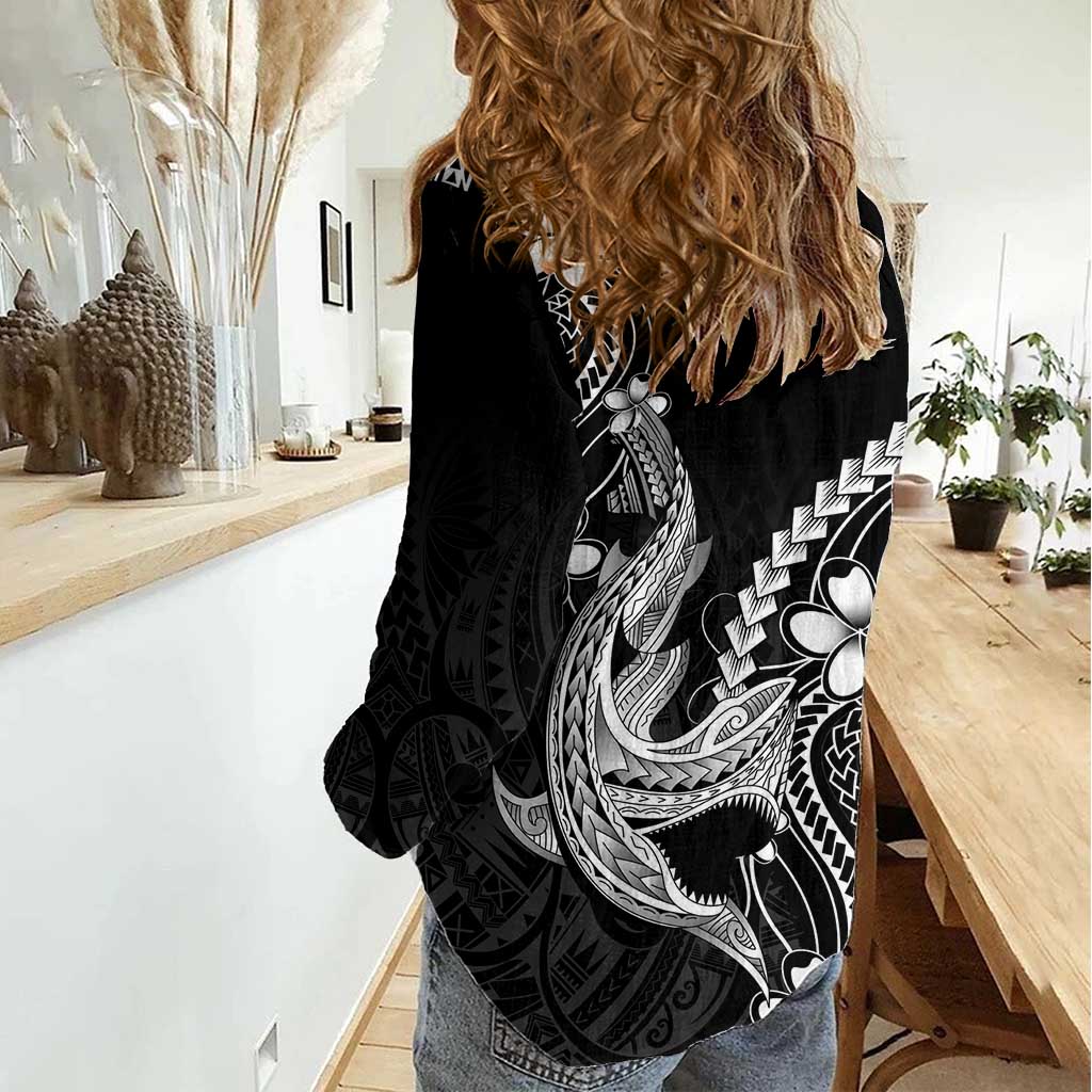 Black Aloha Hawaii Women Casual Shirt Polynesian Shark Tattoo With Plumeria LT14 - Polynesian Pride
