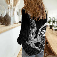 Black Aloha Hawaii Women Casual Shirt Polynesian Shark Tattoo With Plumeria LT14 - Polynesian Pride