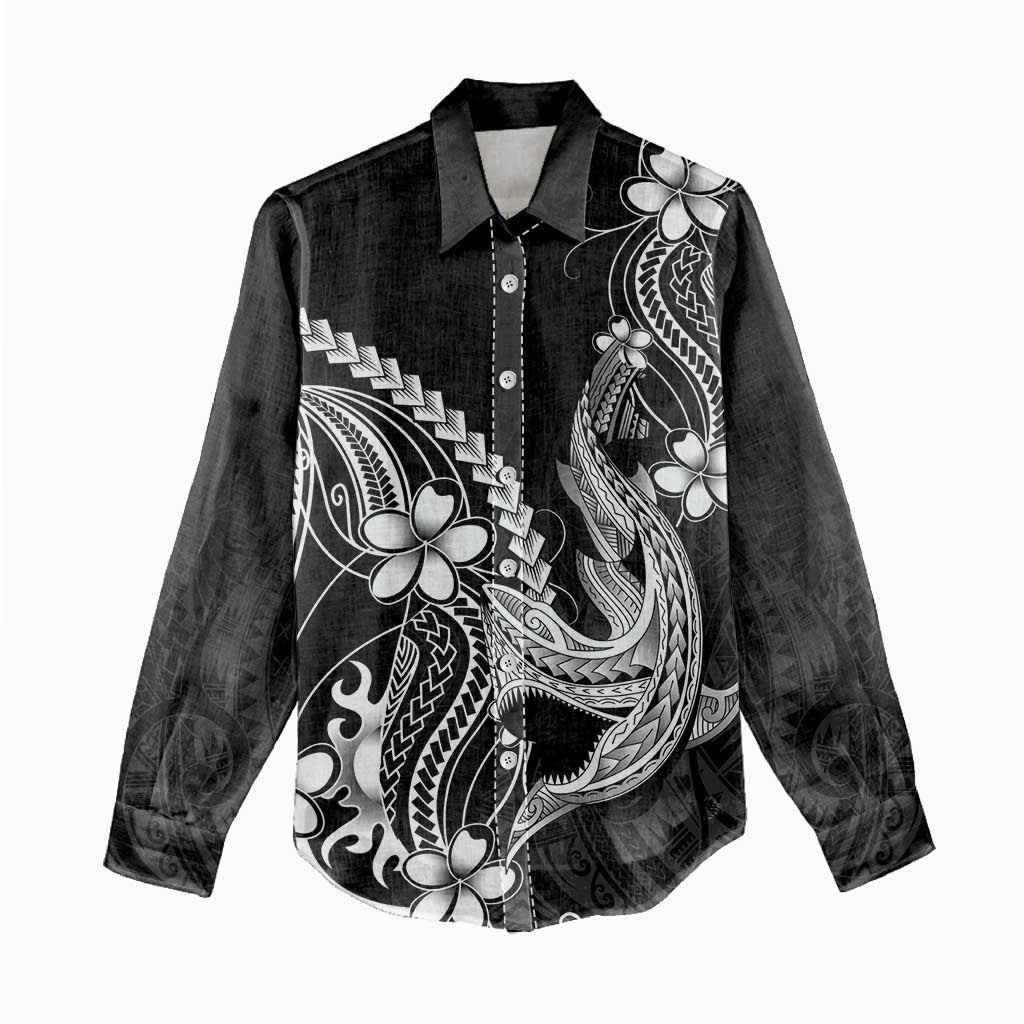 Black Aloha Hawaii Women Casual Shirt Polynesian Shark Tattoo With Plumeria LT14 - Polynesian Pride