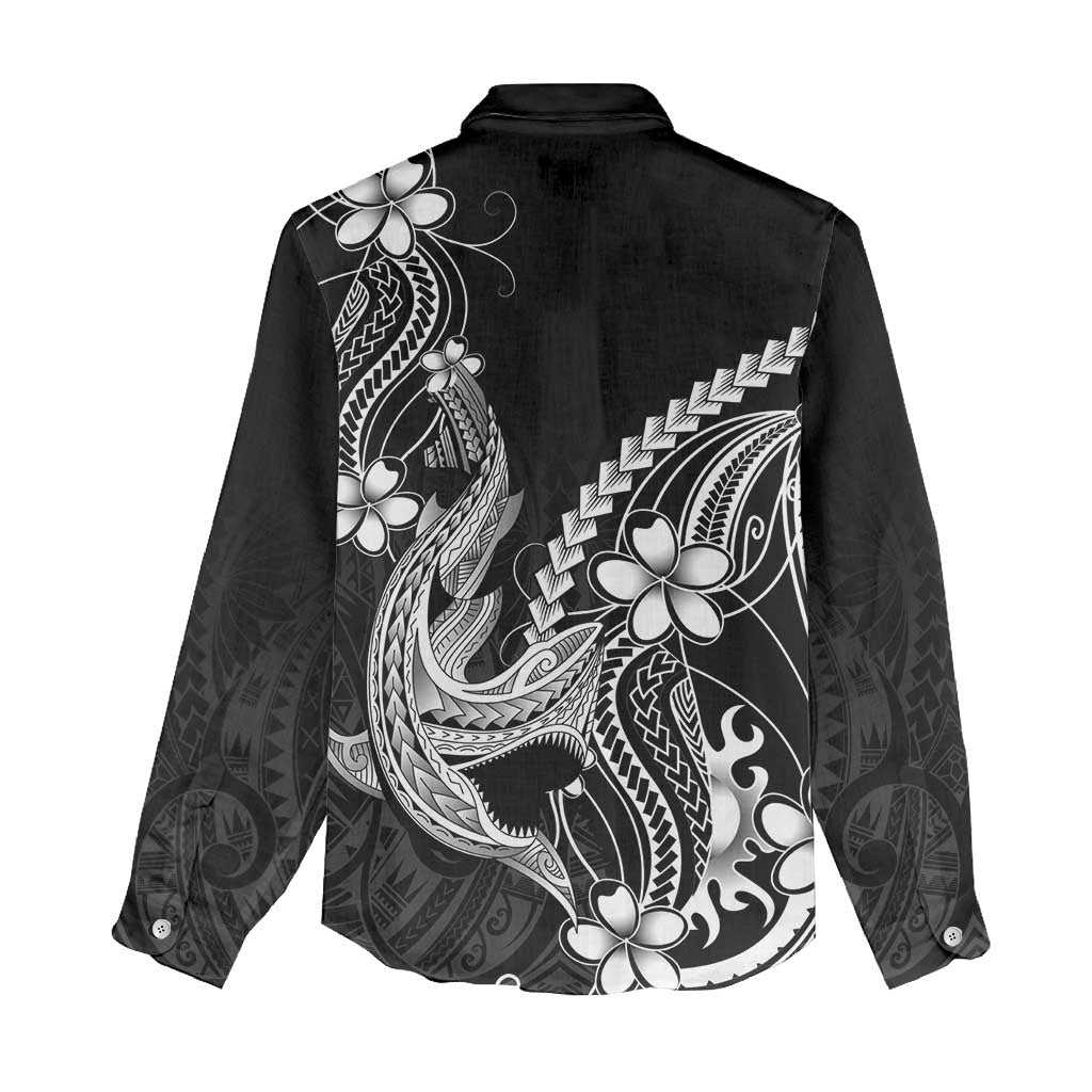 Black Aloha Hawaii Women Casual Shirt Polynesian Shark Tattoo With Plumeria LT14 - Polynesian Pride